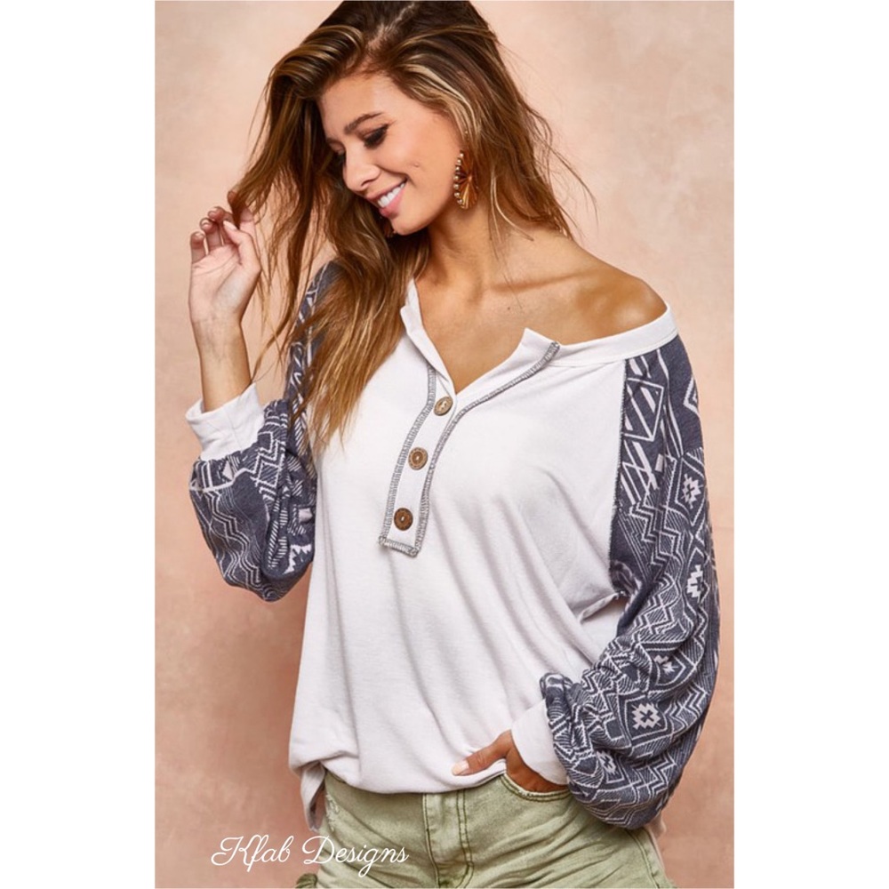 LAST 1! French Terry Super Soft Aztec Sleeve Henley! - Picture 3 of 10